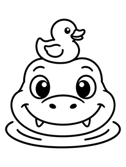 A cheerful alligator coloring page featuring a smiling croc head with a rubber duck on top.