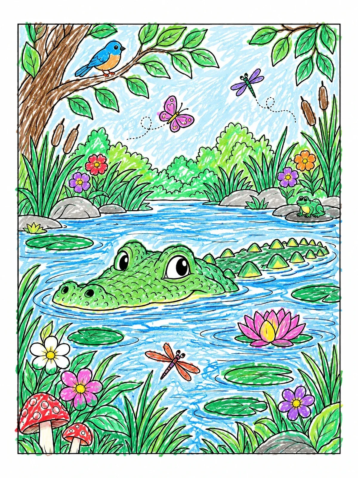 Colored example of the Cute Alligator In The Swamp coloring page