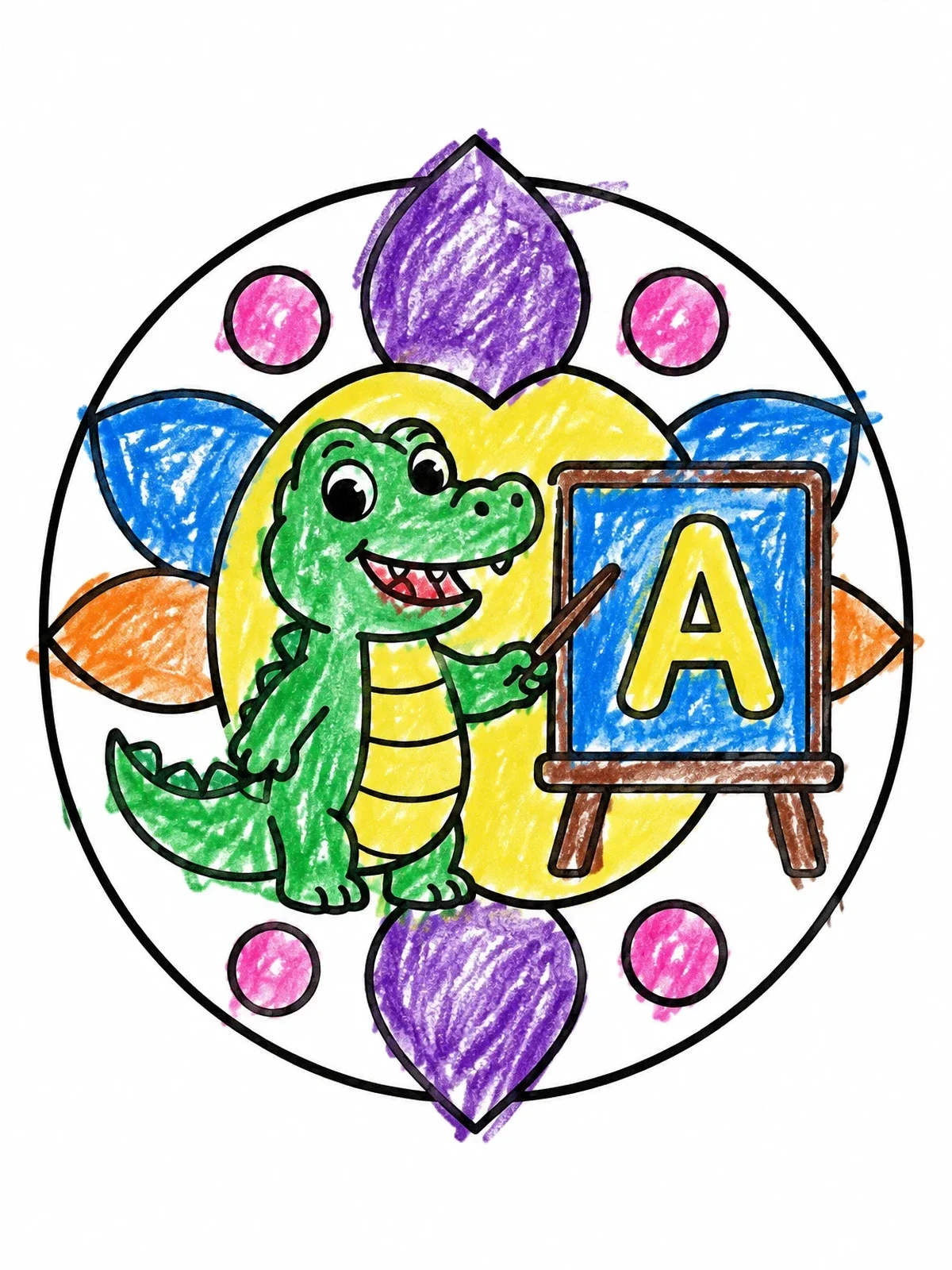 Colored example of the Cute Alligator Teacher With Letter A coloring page