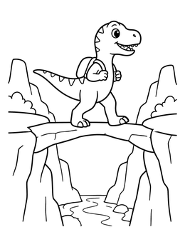 A happy young dinosaur hiking on a stone bridge in this allosaurus coloring page.