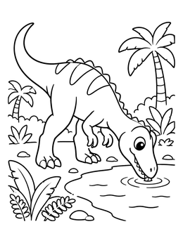 A friendly dinosaur drinks from a pond in this allosaurus coloring page.