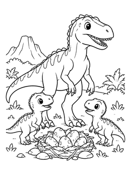 A friendly allosaurus coloring page with cute baby dinosaurs, a nest of eggs, and a distant volcano.