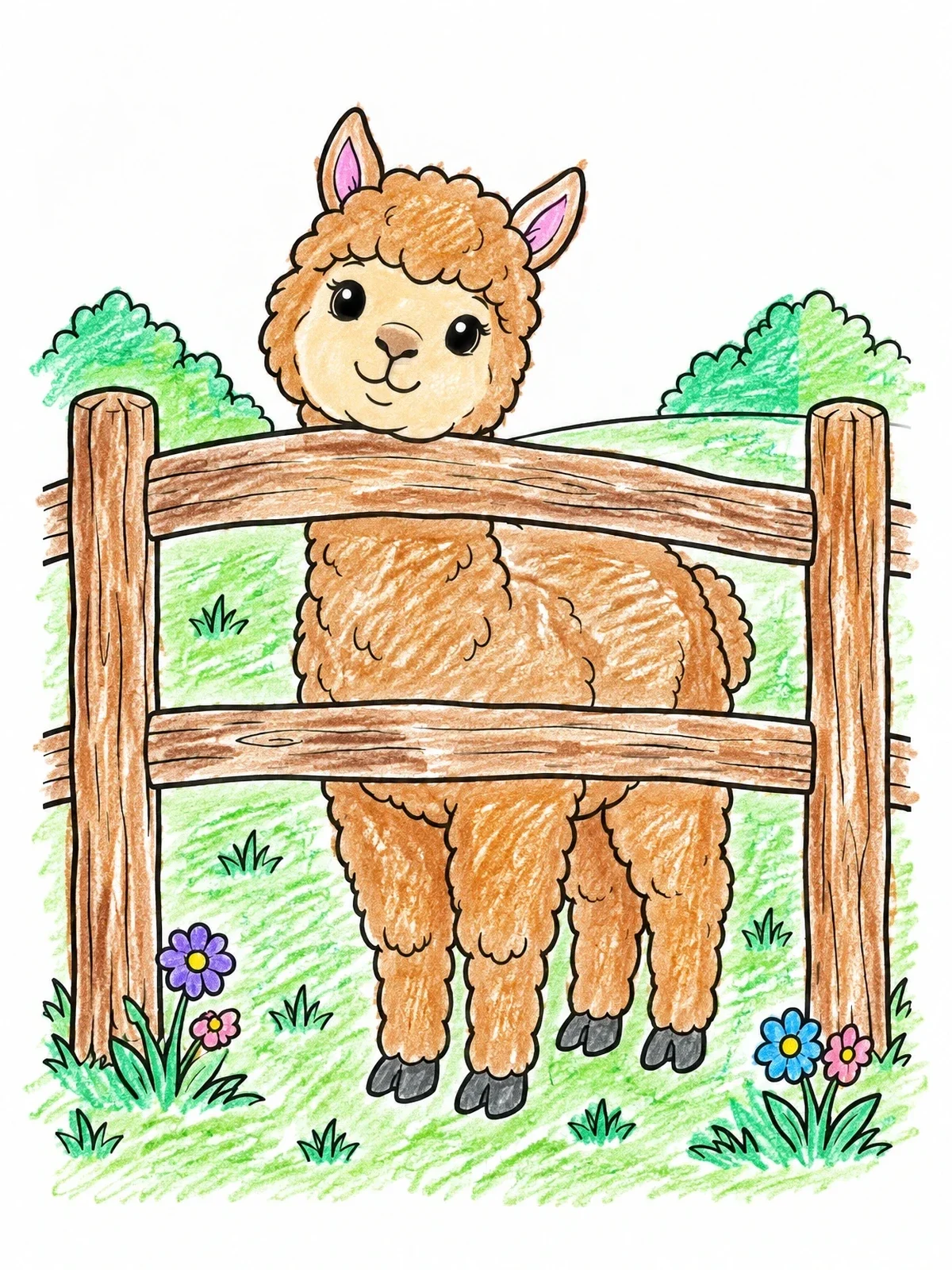 Colored example of the Cute Alpaca By The Wooden Fence coloring page