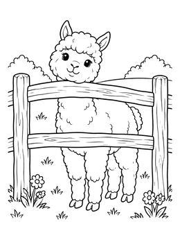 Free printable Cute Alpaca By The Wooden Fence coloring page