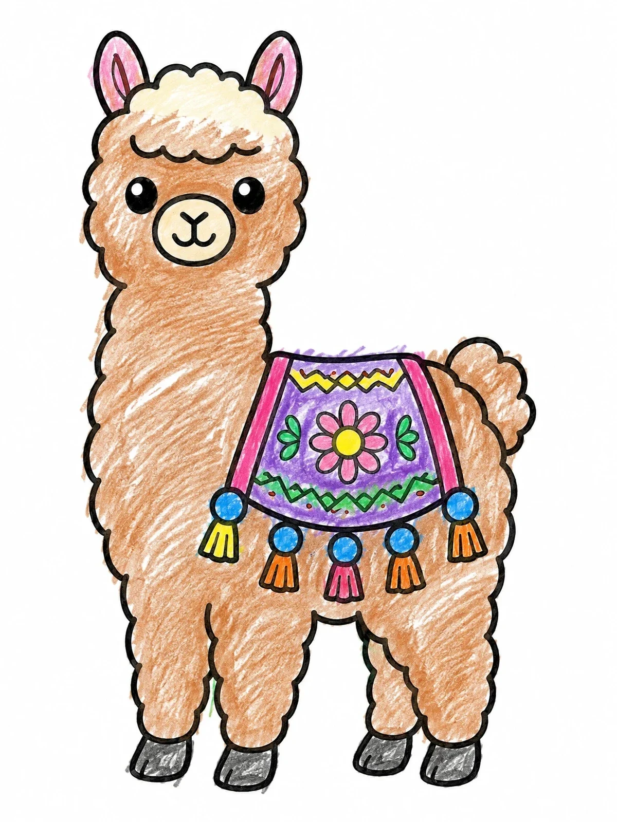 Colored example of the Cute Alpaca With Decorative Blanket coloring page