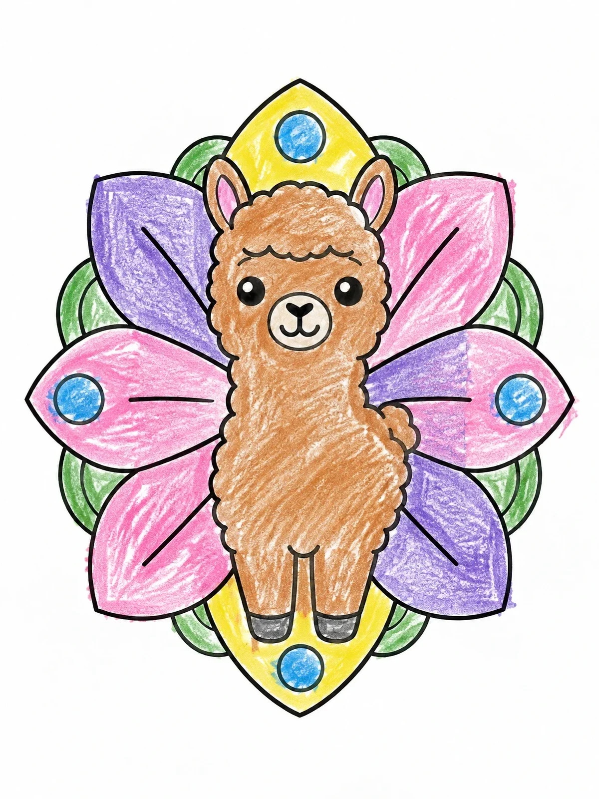 Colored example of the Cute Alpaca With Floral Mandala coloring page