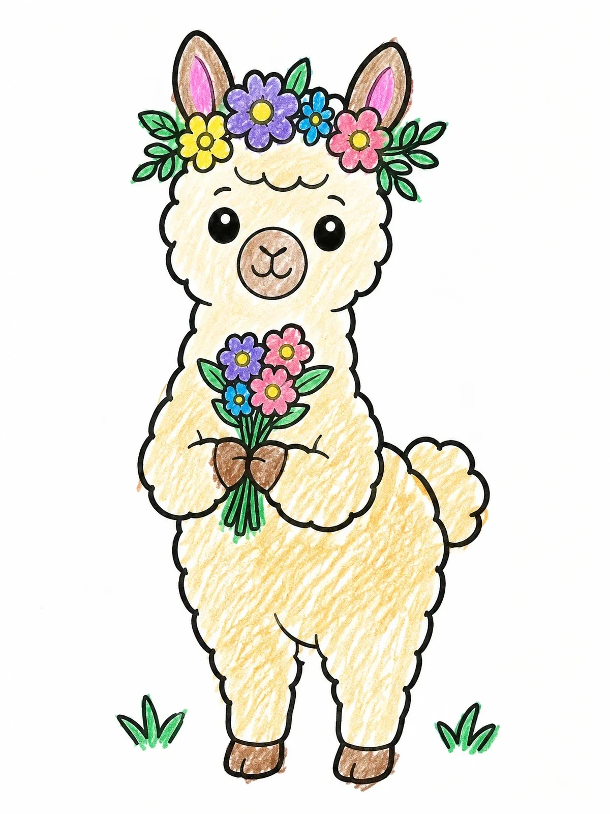 Colored example of the Cute Alpaca With Flower Crown coloring page