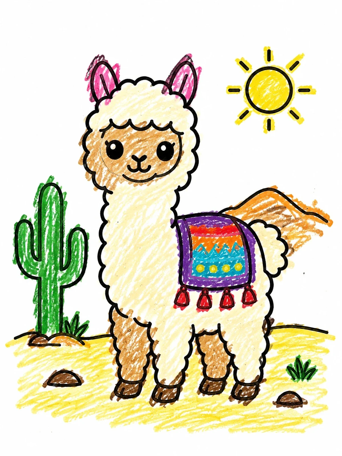 Colored example of the Cute Alpaca In The Desert coloring page