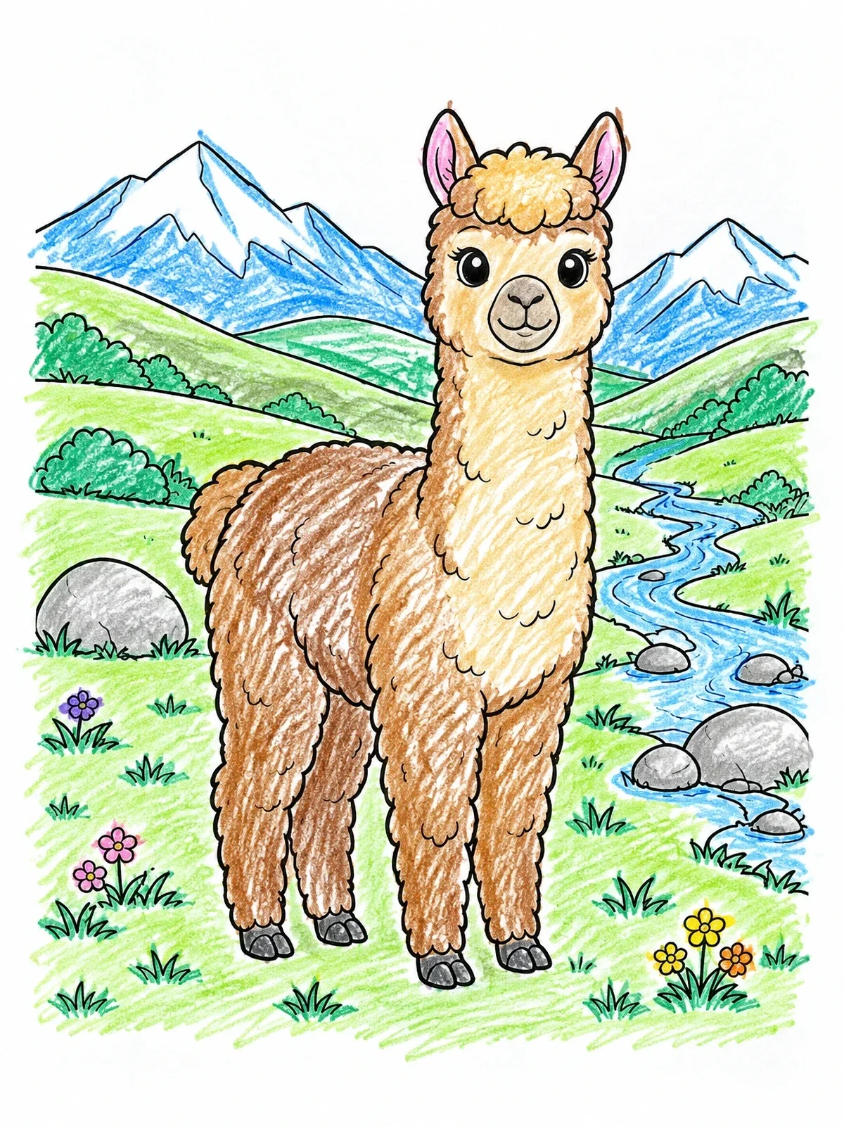 Colored example of the Cute Alpaca In Mountain Meadow coloring page