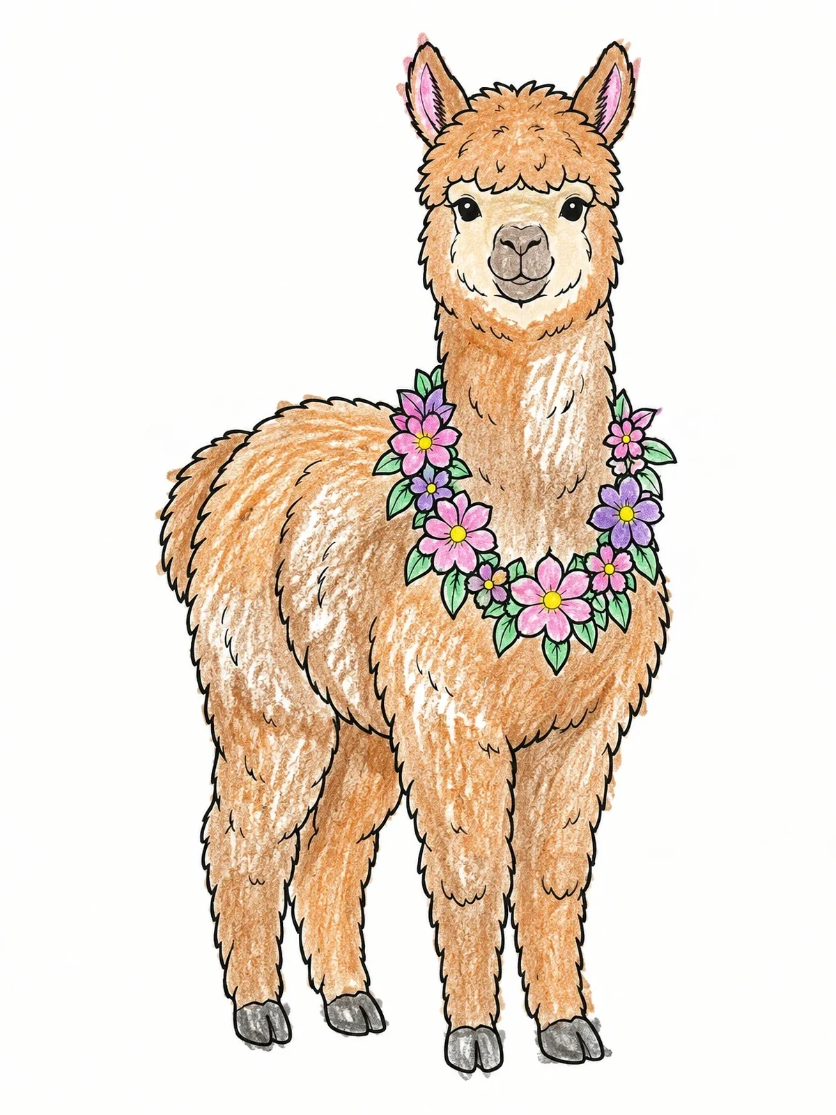 Colored example of the Cute Alpaca With Flower Garland coloring page