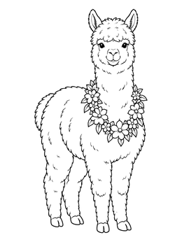 A fluffy alpaca wearing a flower wreath on this alpaca coloring page.