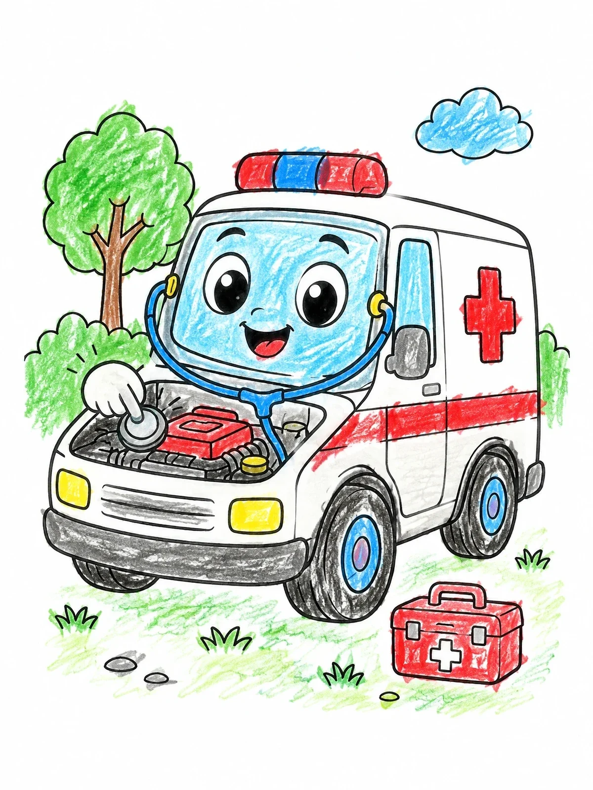 Colored example of the Cute Ambulance Checking Its Engine coloring page