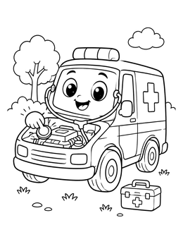 Free printable Cute Ambulance Checking Its Engine coloring page