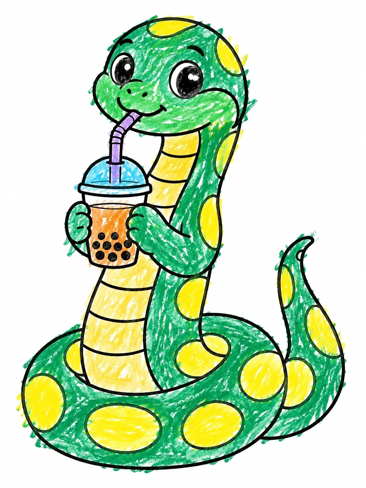Colored example of the Cute Anaconda Drinking Boba Tea coloring page