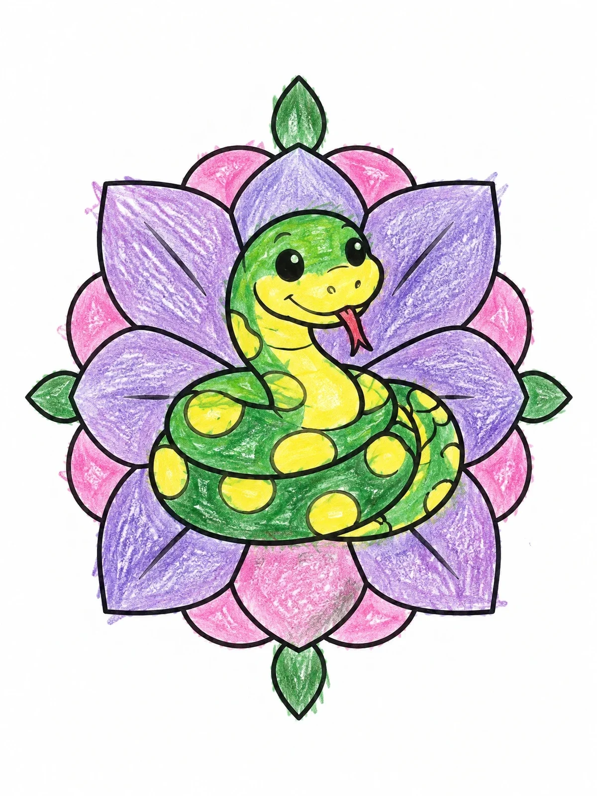 Colored example of the Cute Anaconda In Flower Mandala coloring page