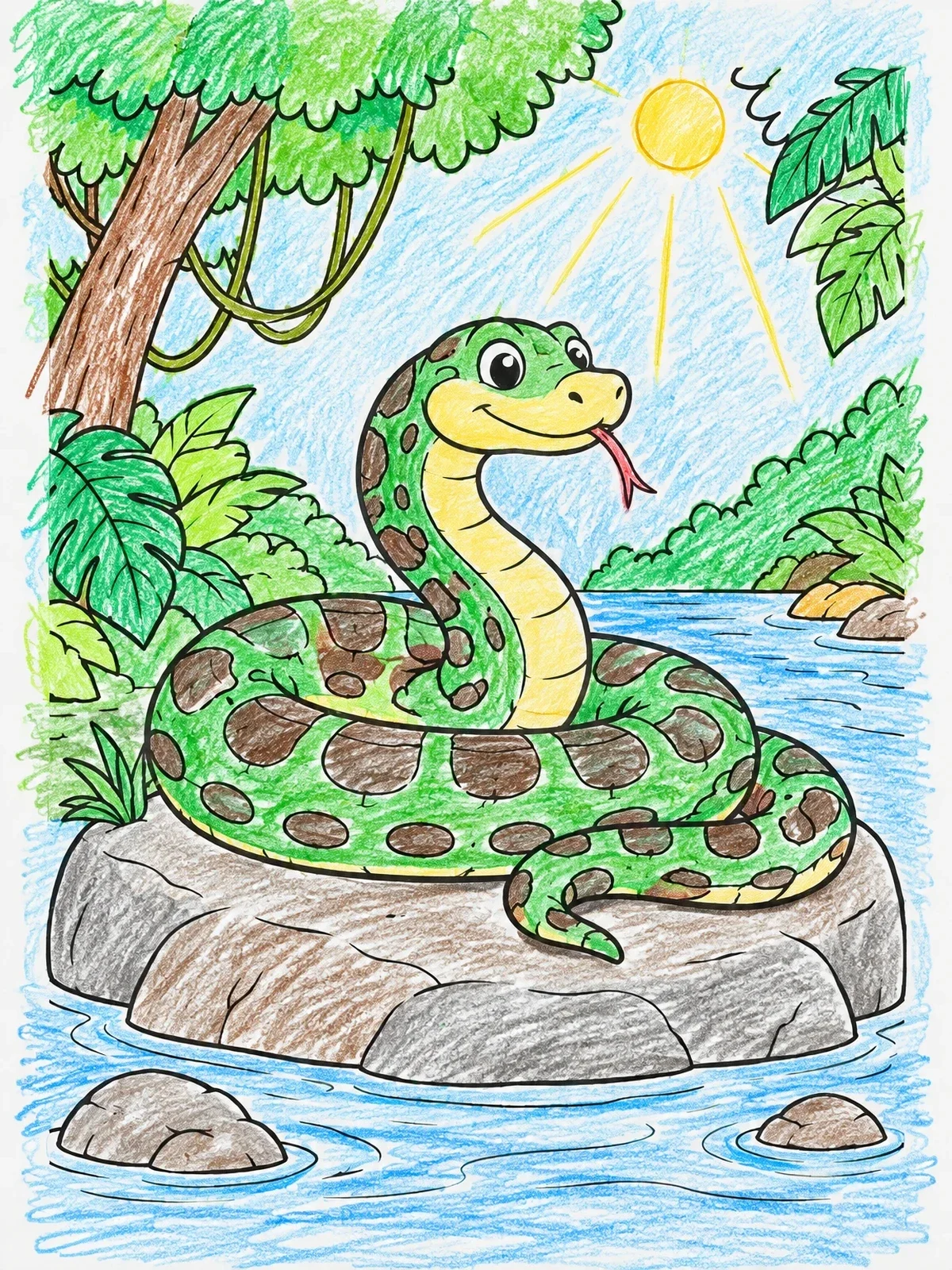 Colored example of the Cute Anaconda On River Rock coloring page