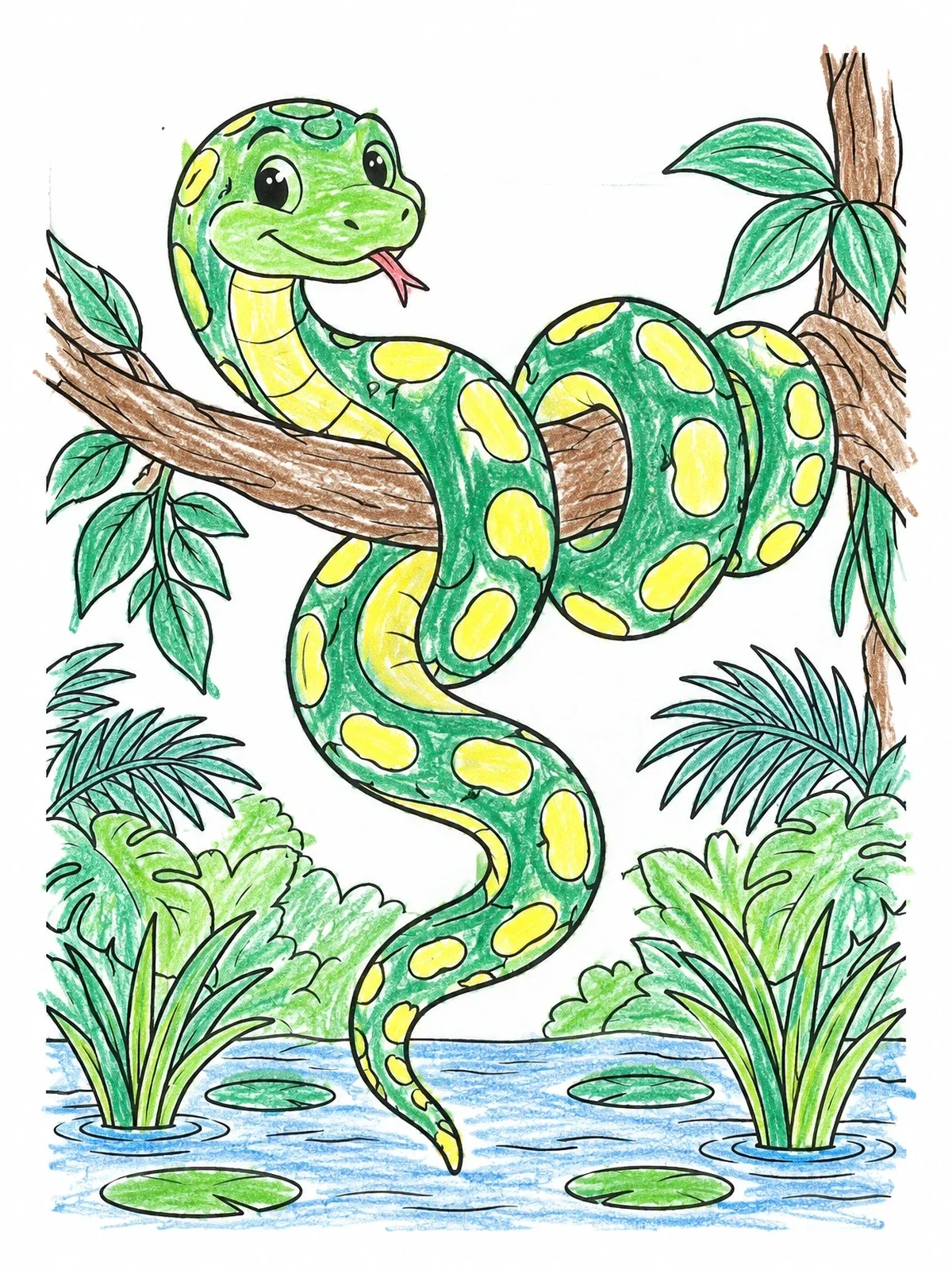 Colored example of the Cute Anaconda On A Tree Branch coloring page