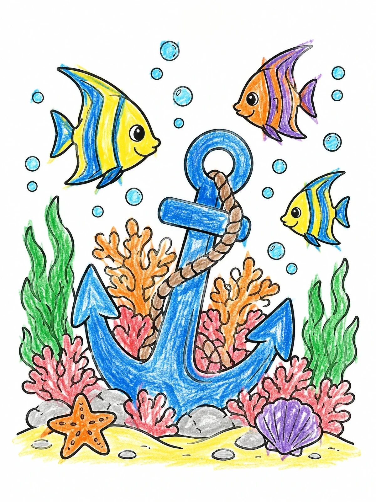 Colored example of the Anchor In A Coral Reef coloring page