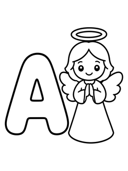 A sweet angel stands next to a big letter A coloring page.