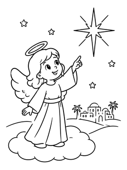 Free printable Cute Angel Pointing At Christmas Star coloring page