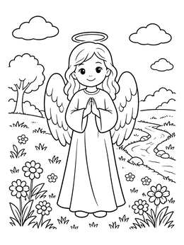 Free printable Cute Angel In A Flower Meadow coloring page