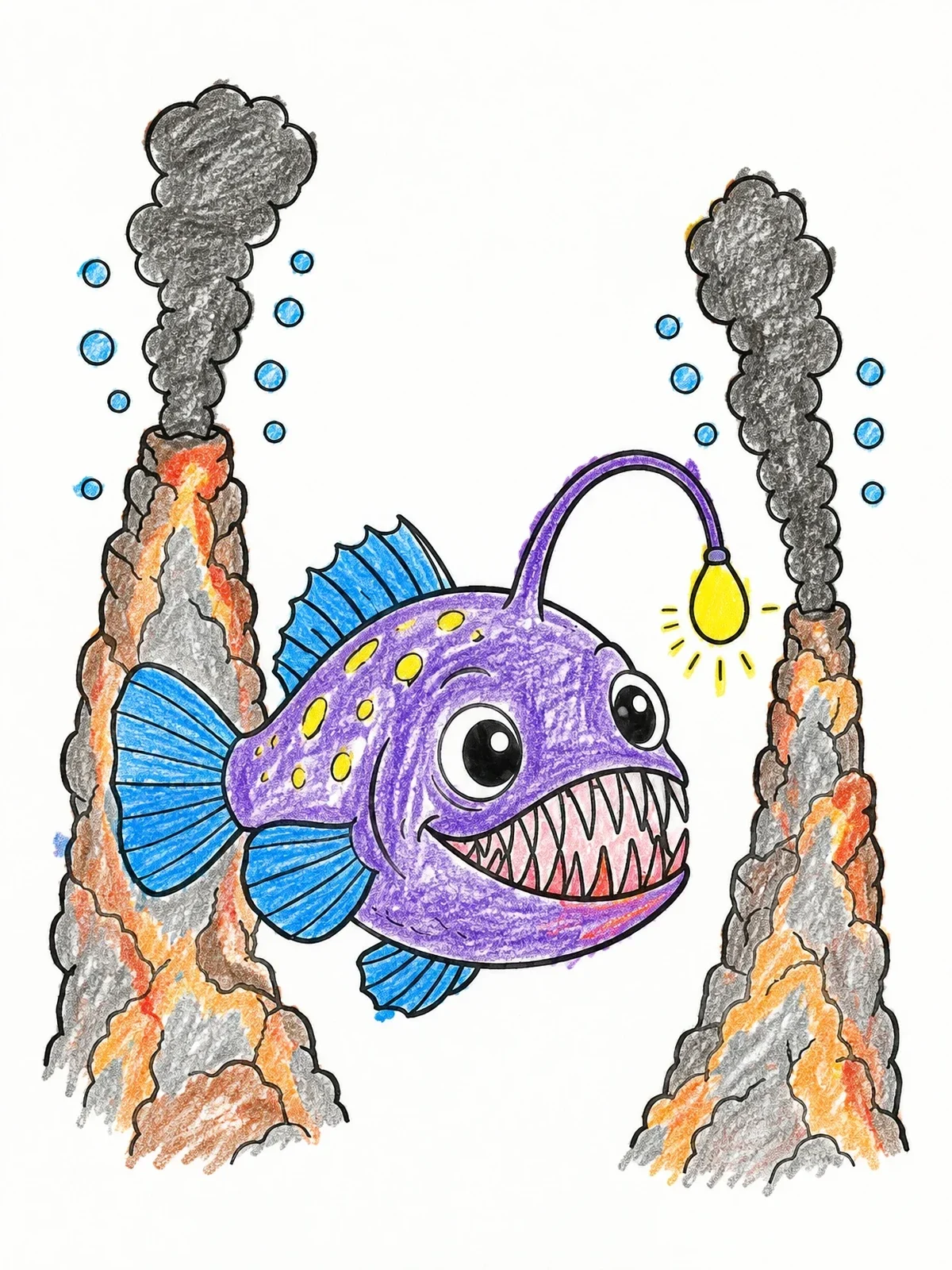 Colored example of the Cute Anglerfish Near Deep Sea Vents coloring page
