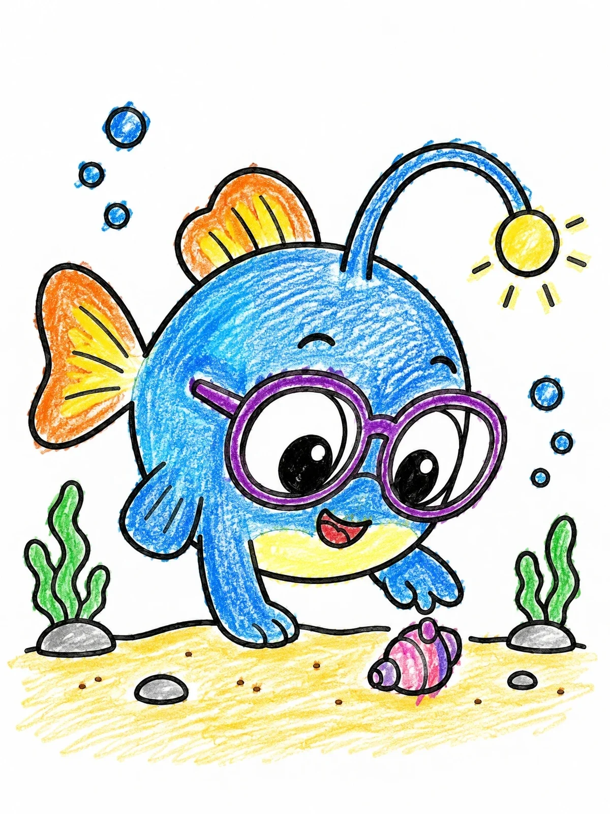Colored example of the Cute Anglerfish With Big Glasses coloring page