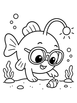 A cute angler fish coloring page featuring a smiling fish wearing round glasses looking at a shell.