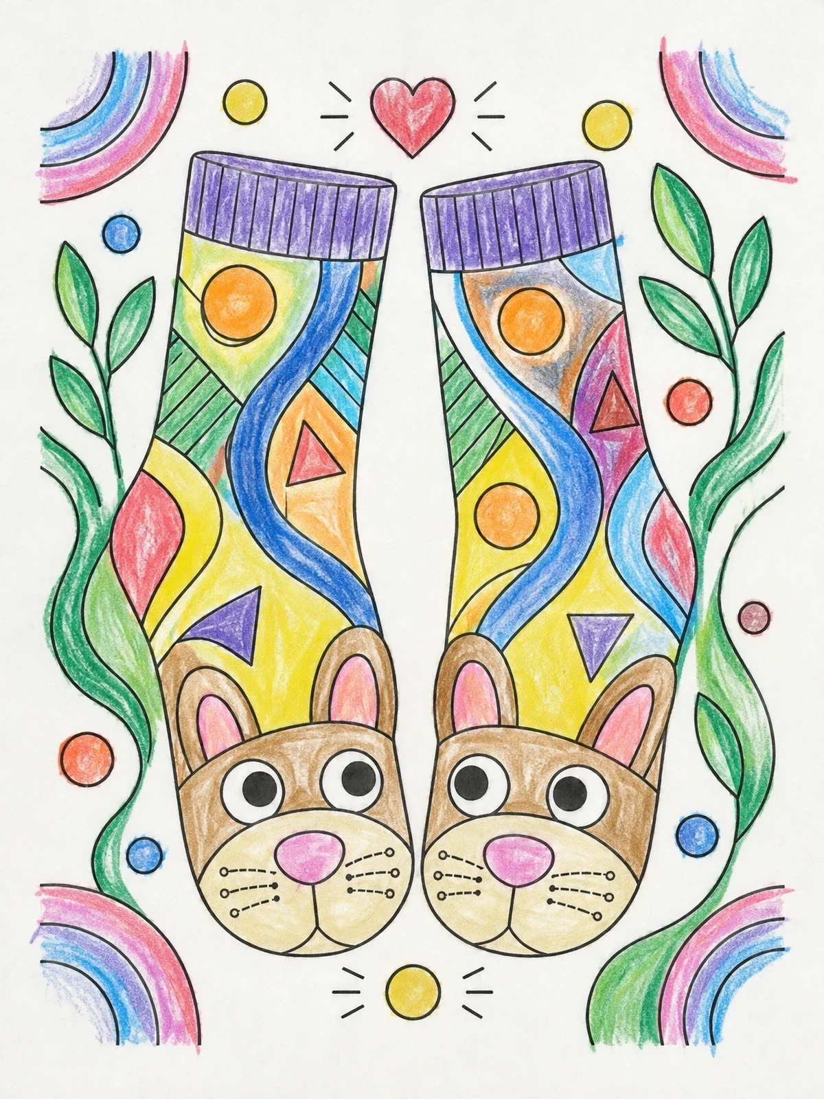 Colored example of the Cute Animal Face Patterned Socks coloring page