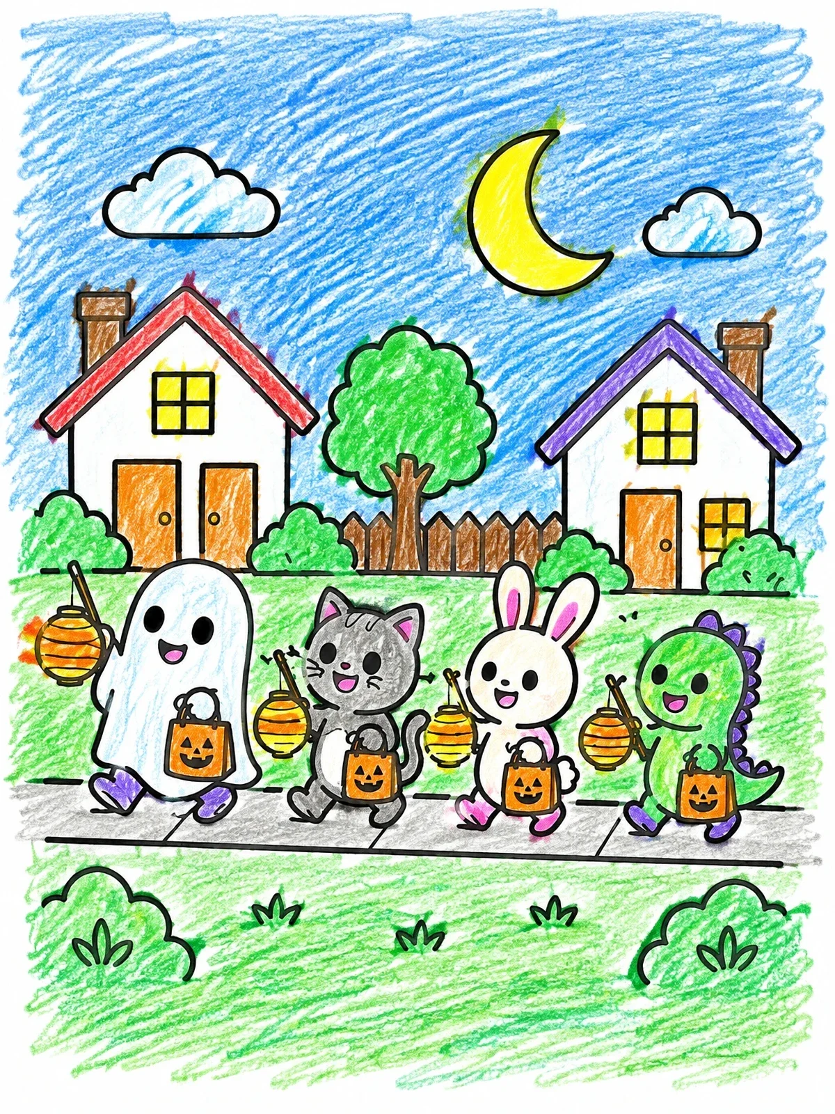 Colored example of the Cute Animal Halloween Trick Or Treat Parade coloring page