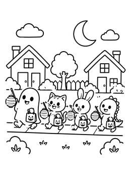 Four friendly little animals march together in this halloween cartoon coloring page.