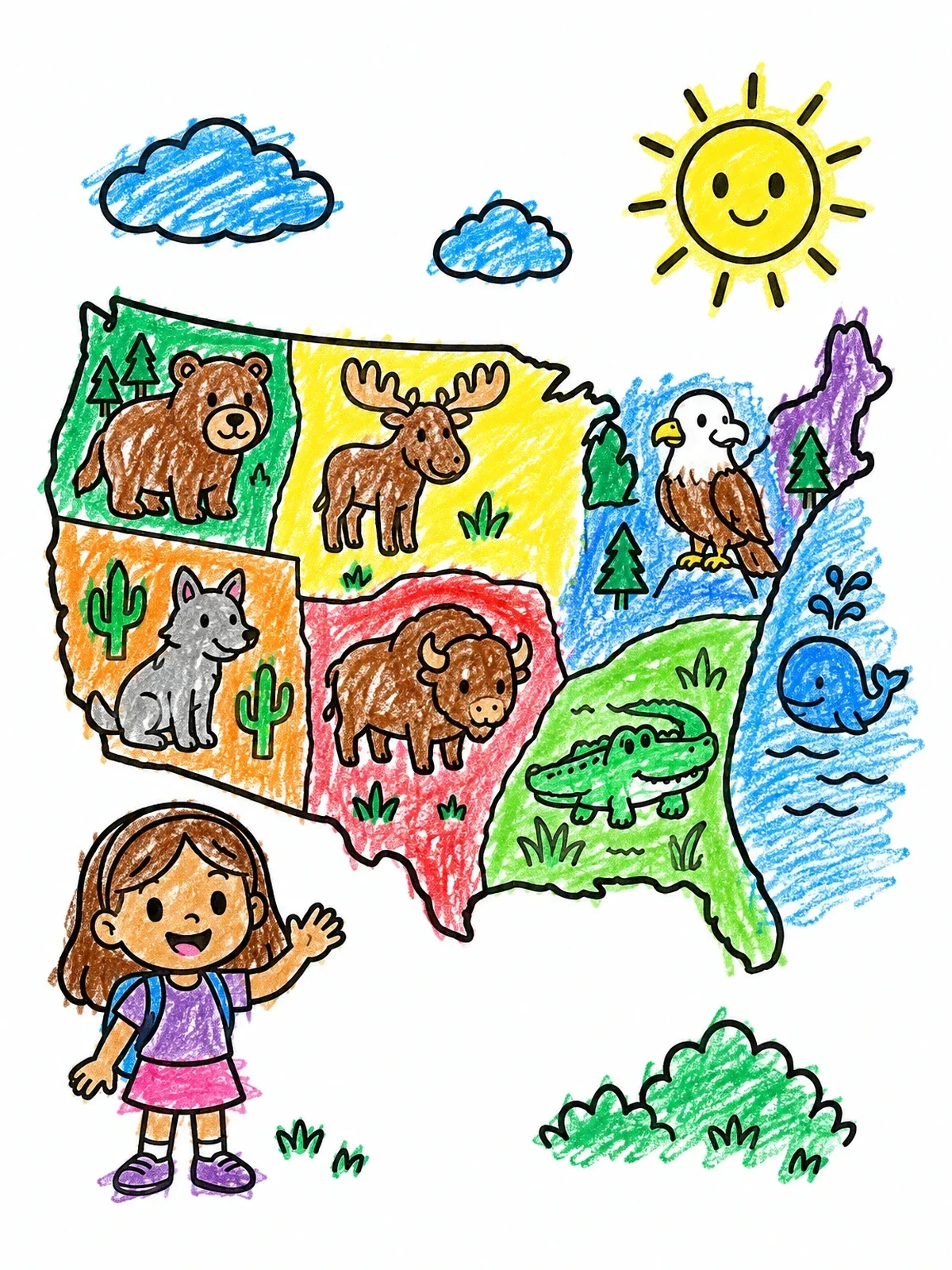 Colored example of the Cute Animal Map Of America coloring page