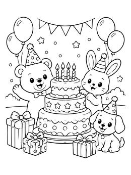 Free printable Cute Animal Friends Birthday Party coloring page