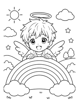 Free printable Cute Anime Angel Behind Rainbow coloring page