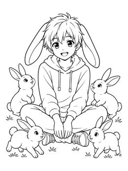 A cheerful boy cute anime coloring page with floppy bunny ears surrounded by four little rabbits.