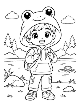Free printable Cute Anime Boy In Frog Hoodie coloring page