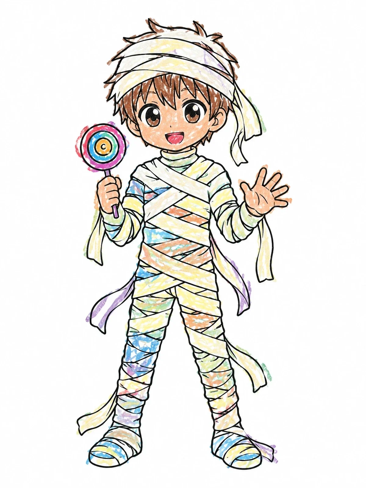 Colored example of the Cute Anime Boy Mummy With Lollipop coloring page