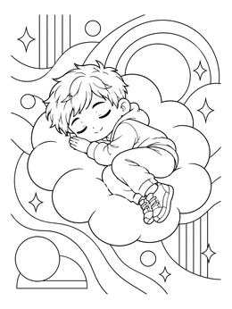 A chibi boy cute anime coloring page showing him sleeping peacefully on a fluffy cloud surrounded by stars.