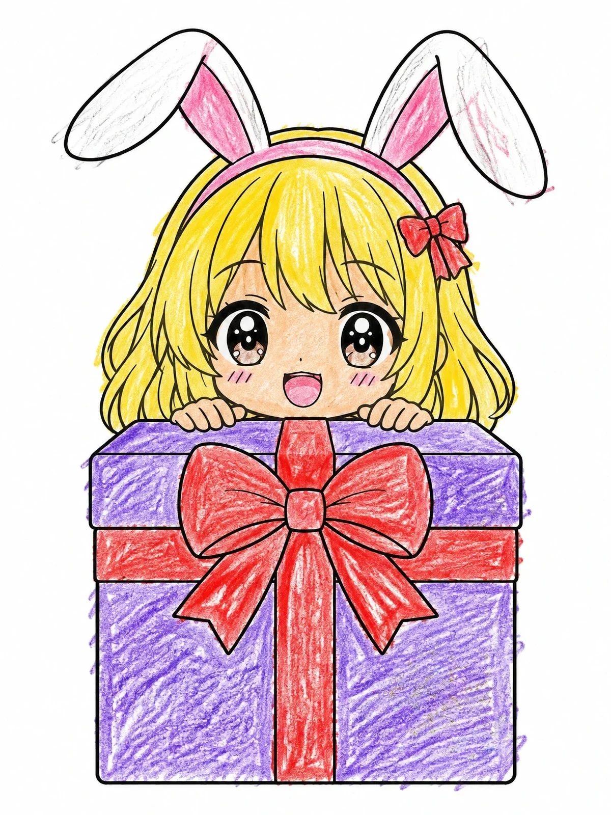 Colored example of the Cute Anime Bunny Girl With Gift coloring page