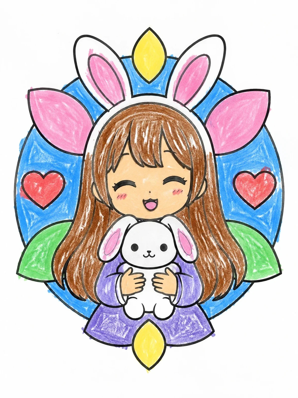 Colored example of the Cute Anime Bunny Girl With Plushie coloring page