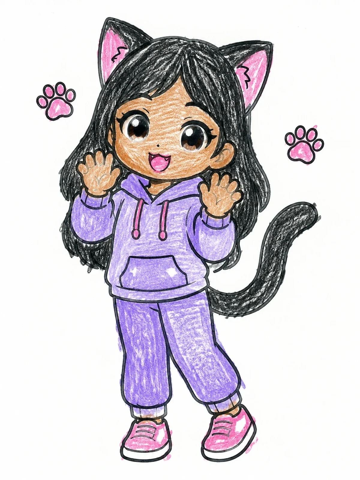 Colored example of the Cute Anime Cat Girl In Hoodie coloring page