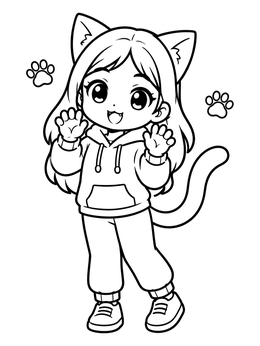 Free printable Cute Anime Cat Girl In Hoodie coloring page