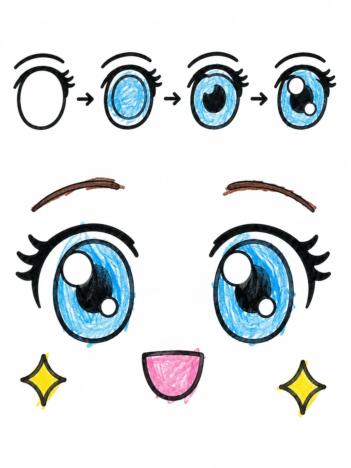 Colored example of the Cute Anime Eyes Drawing Guide coloring page