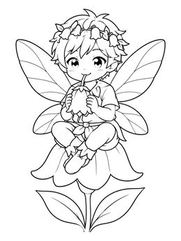 Free printable Cute Anime Fairy Sipping Nectar coloring page