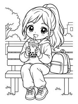 A sweet anime girl coloring page featuring a chibi girl drinking boba tea on a park bench.