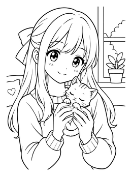 Free printable Cute Anime Girl With Sleeping Kitten coloring page