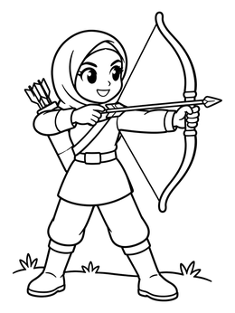 A cheerful anime girl warrior coloring page featuring an archer drawing a bow.