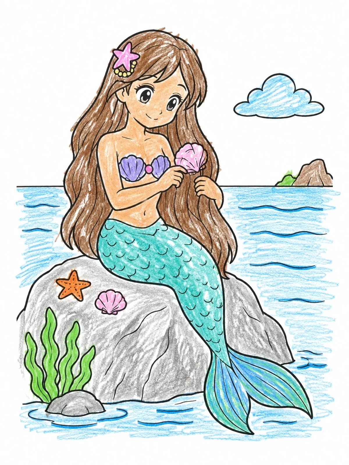 Colored example of the Cute Mermaid Sitting On A Rock coloring page