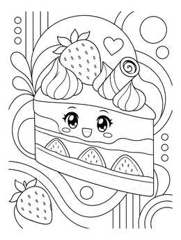 A cheerful anime food coloring page featuring a smiling strawberry shortcake slice with whipped cream.