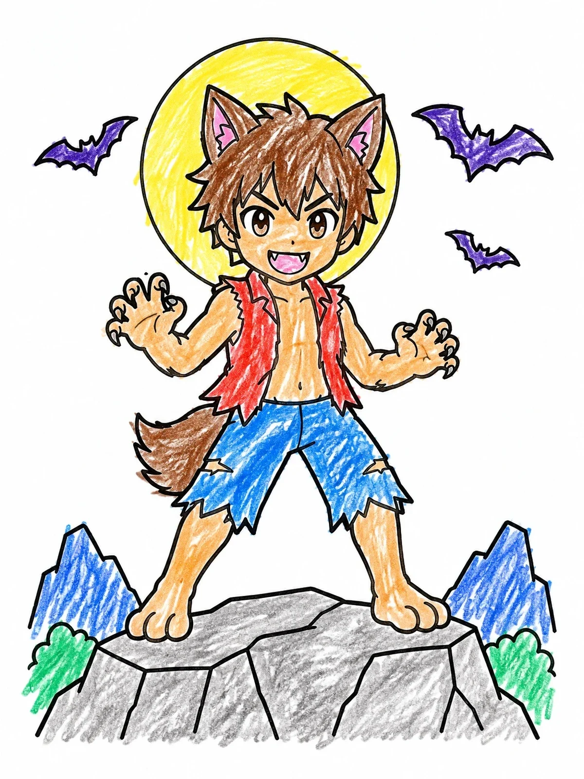 Colored example of the Cute Anime Werewolf Boy On Cliff coloring page
